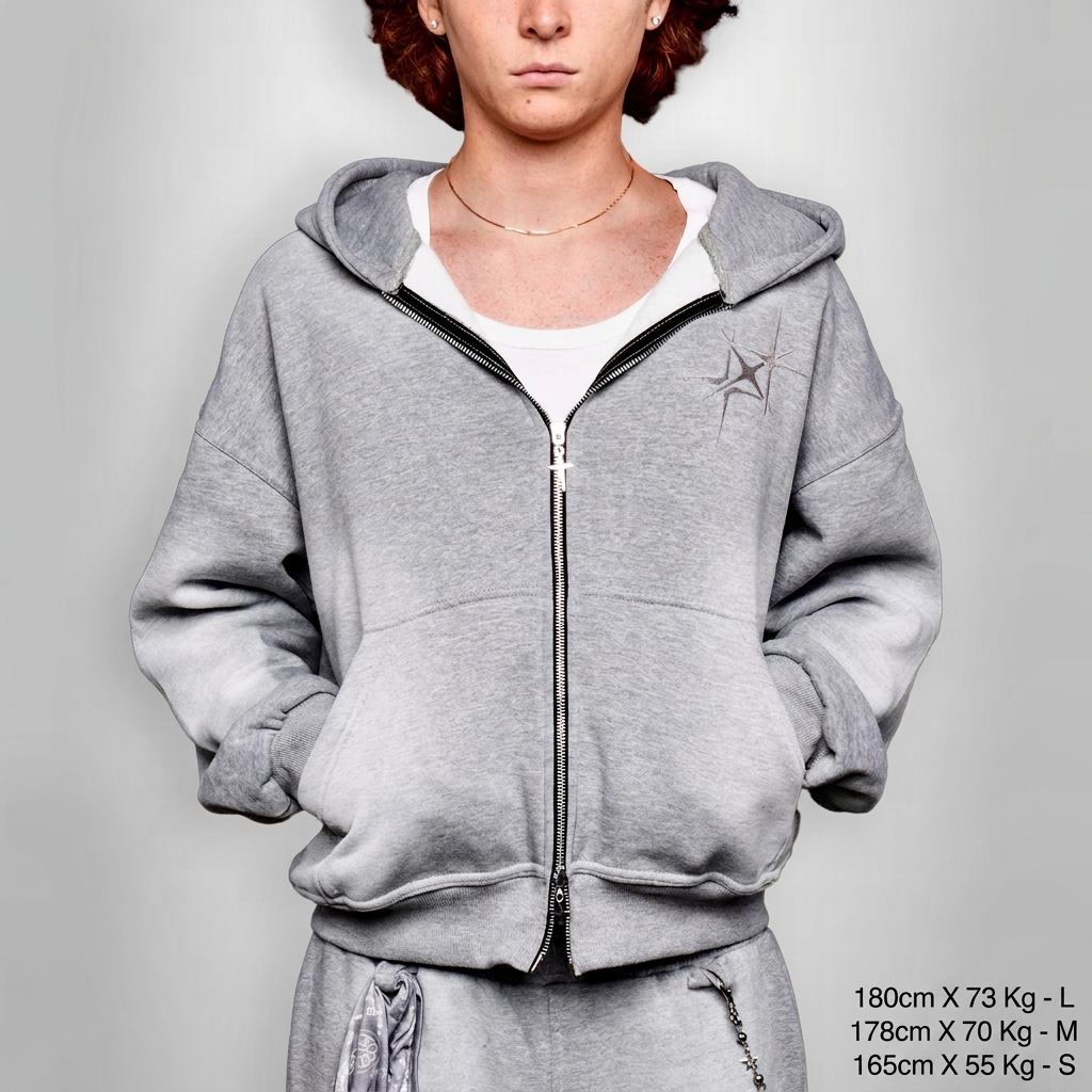 ETERNAL MOON GREY ZIP HOODIE con misure piccole in basso a destra