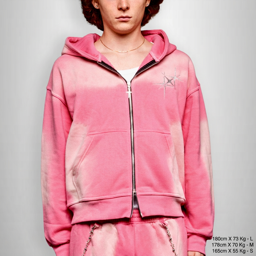 ETERNAL PINK ZIP HOODIE con misure piccole in basso a destra